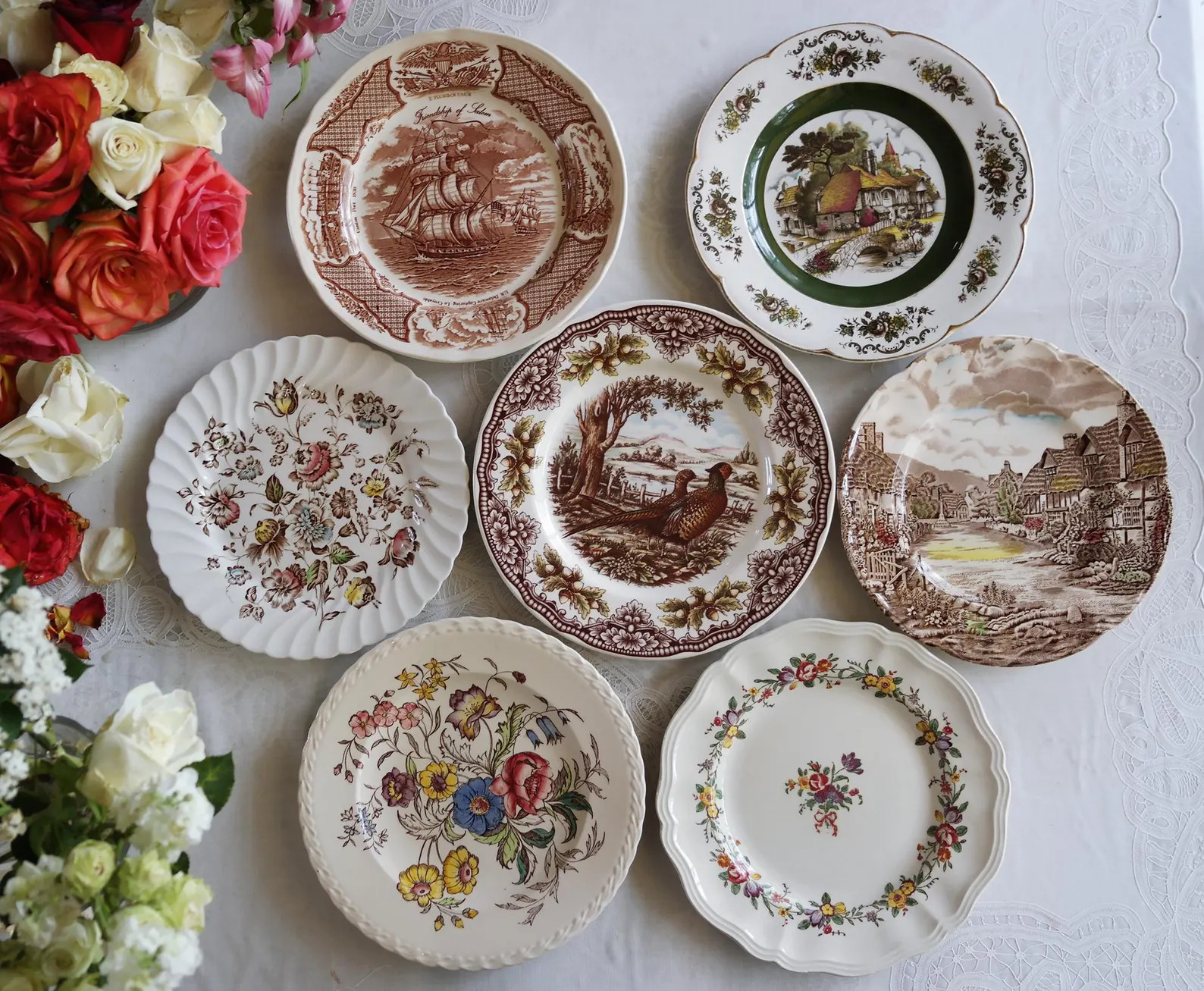 Brown White DINNER PLATES - Vintage Transferware - Mismatched China - Floral Scenic Patterns - Co... | Etsy (Global)