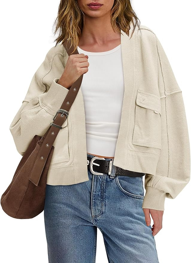 Panadila Womens Cropped Jackets Oversized Cardigans Long Sleeve Open Front Sweatshirt Cardigan Fa... | Amazon (US)