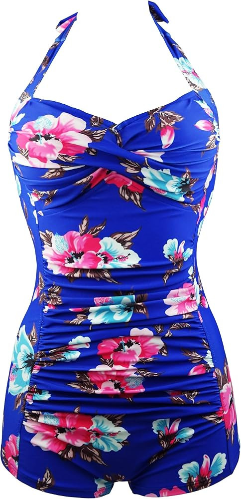 COCOSHIP Women's Elegant Floral Retro Boy-Leg One Piece Ruched Maillot Front Twist Swimsuit(FBA) | Amazon (US)