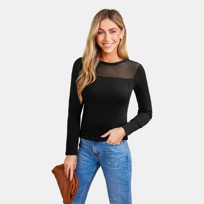 Women's Black Ribbed Mesh Panel Top - Cupshe-L-Black | Target