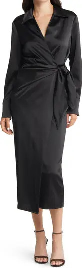Charles Henry Long Sleeve Satin Midi Wrap Dress | Nordstrom | Nordstrom