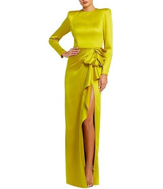 Long Sleeve Crew Neck Ruched Waist Draped Bow Thigh High Slit Satin A-Line Gown | Dillard's