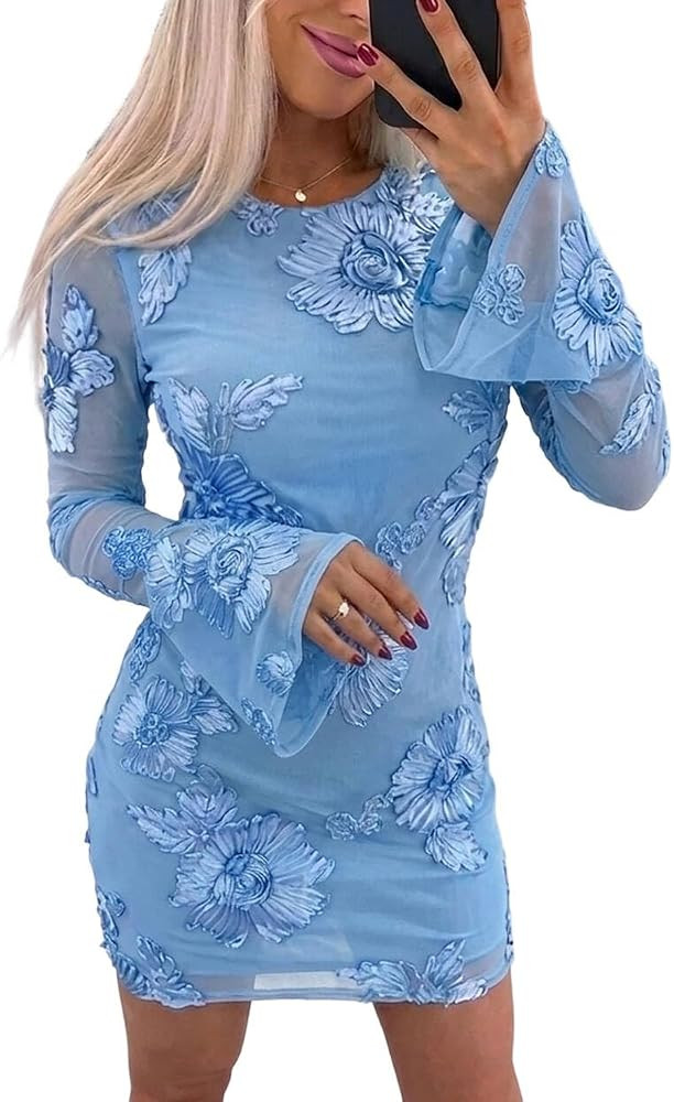 CHICME Women Floral Mesh Mini Dress Long Bell Sleeve Sexy Bodycon Dress Crew Neck Cocktail Dresse... | Amazon (US)