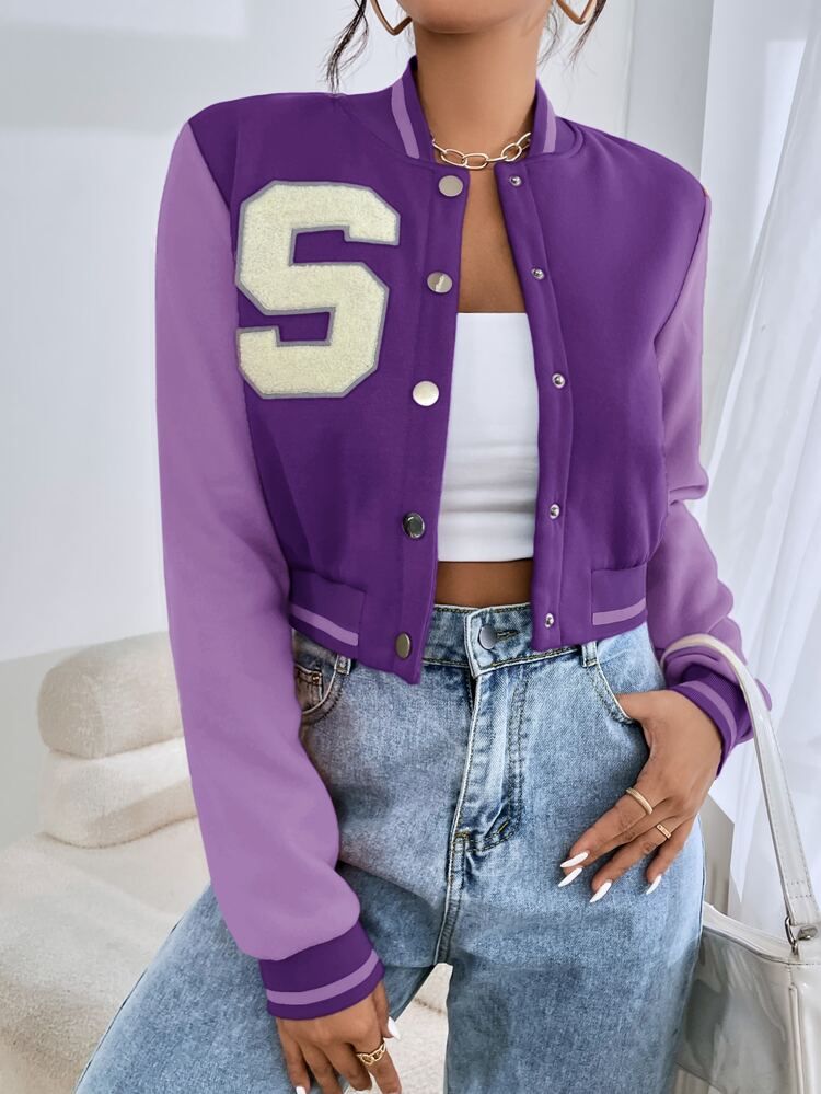 SHEIN EZwear Letter Patched Crop Varsity Jacket | SHEIN