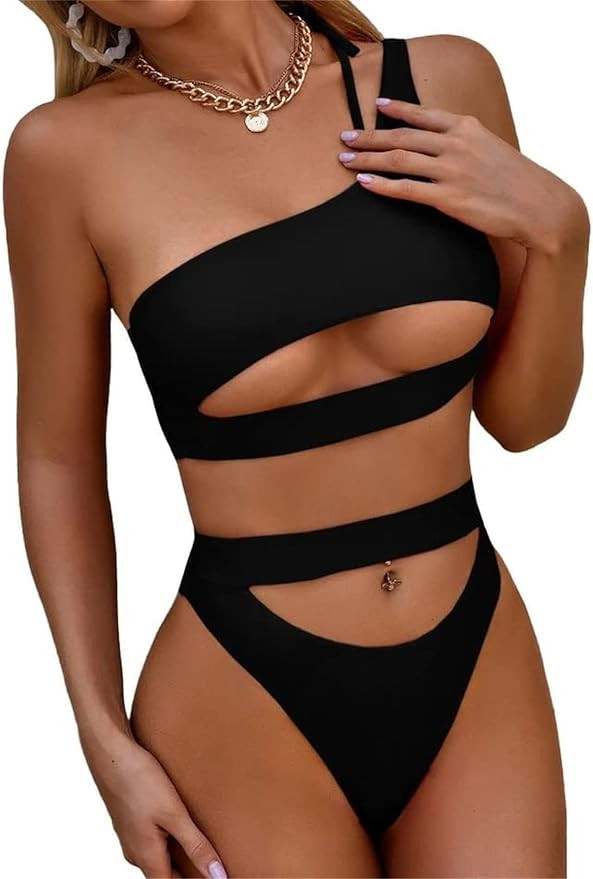 Lilosy Sexy Cutout One Shoulder Bikini Swimsuit Set for Women Brazilian Bathing Suit 2 Piece | Amazon (US)