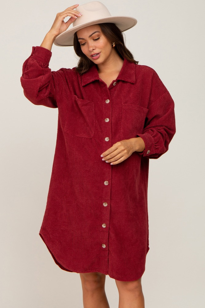 Burgundy Red Corduroy Button Down Maternity Dress | PinkBlush Maternity