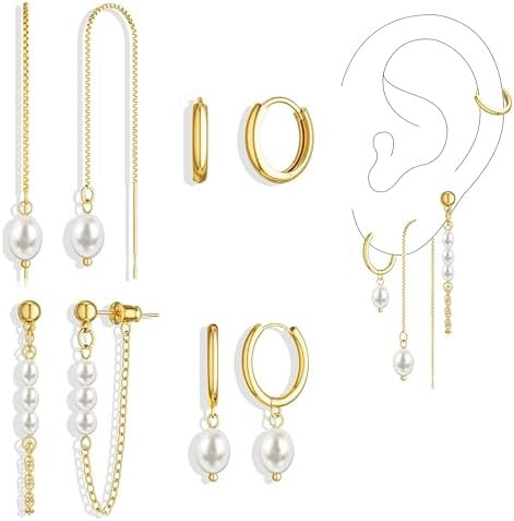 Moodear Gold Hoop Earrings for Women No Tarnish - Dainty Pearl Drop Dangle Huggie Hoops Trendy Ea... | Amazon (US)