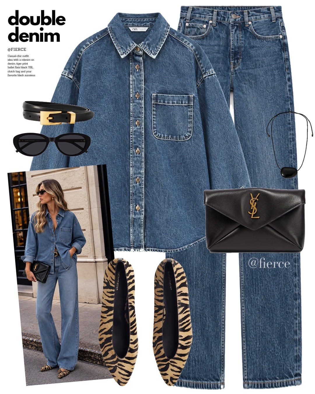 Double denim Canadian tuxedo black Ysl envelope clutch bag tiger print ballet flats

#LTKuk #LTKautumn #LTKeurope