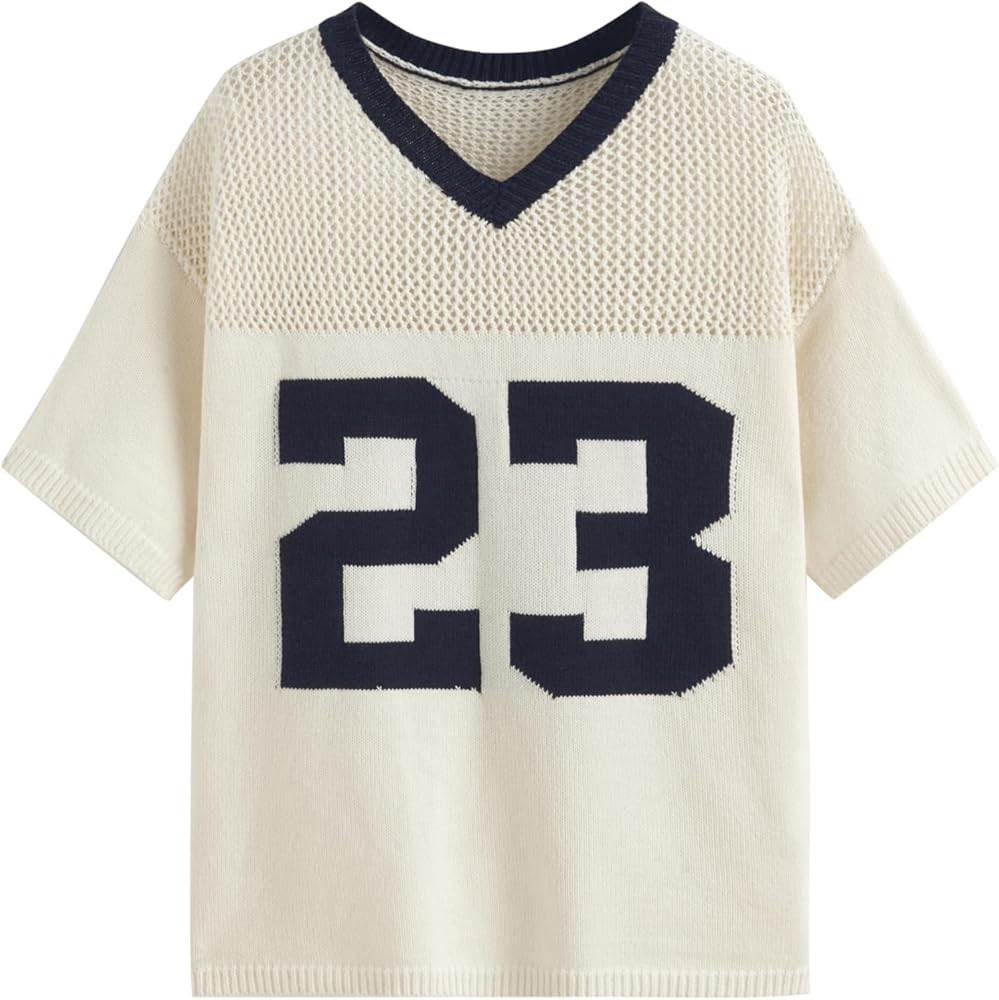 CIDER Oversized Sweaters for Women Knit V Neck Graphic Top Hollow Out Short Sleeve Pullover Knitw... | Amazon (US)