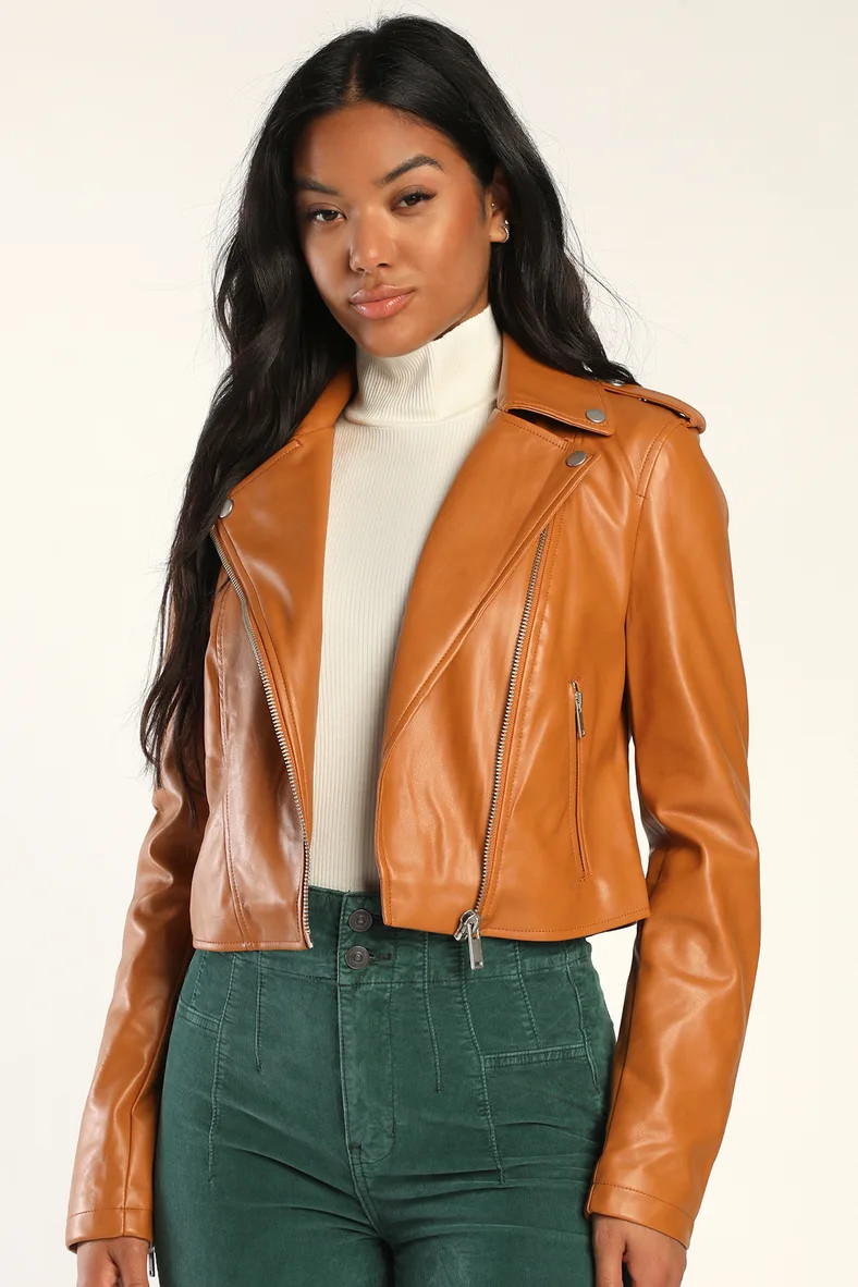 Bougie Baddie Tan Cropped Vegan Leather Motorcycle Jacket | Lulus (US)