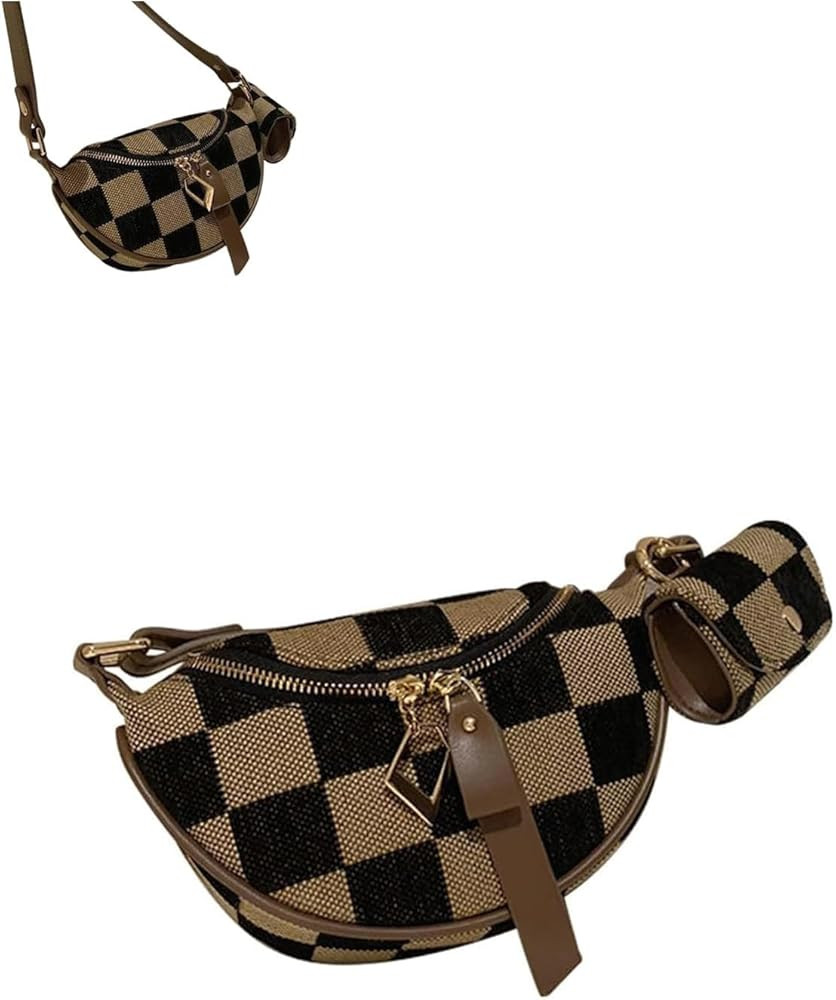 Women'S Checked Pattern Fanny Pack With Headphone Bag,Sling Shoulder Two-Way Zipper Closure Chest... | Amazon (US)