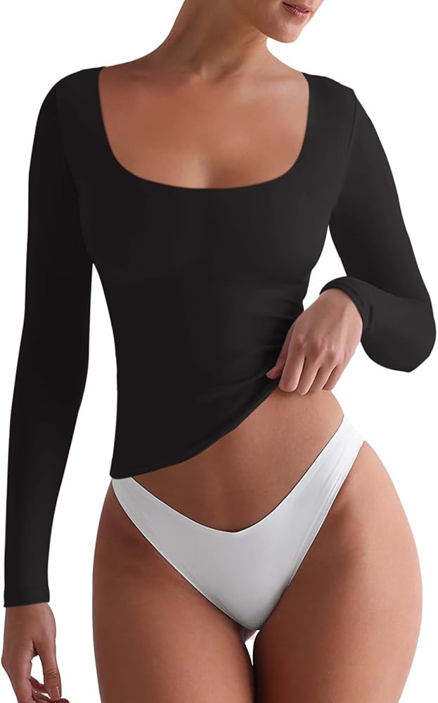 REORIA Womens Basic Square Neck Long Sleeve Shirts Double Lined Tops Tight Shirts Fall Outfits 20... | Amazon (US)