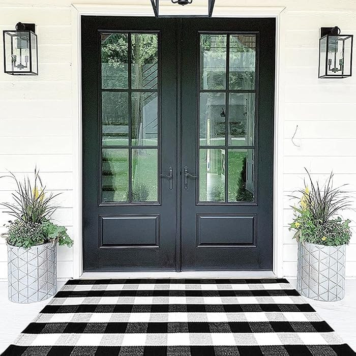 Buffalo Plaid Outdoor Rug 35.4'' x 59'' Black and White Front Door Mat Front Porch Rug Layered Welcome Door Mat for Front Porch Decor, Front Door, Farmhouse Decor,Entryway | Amazon (US)