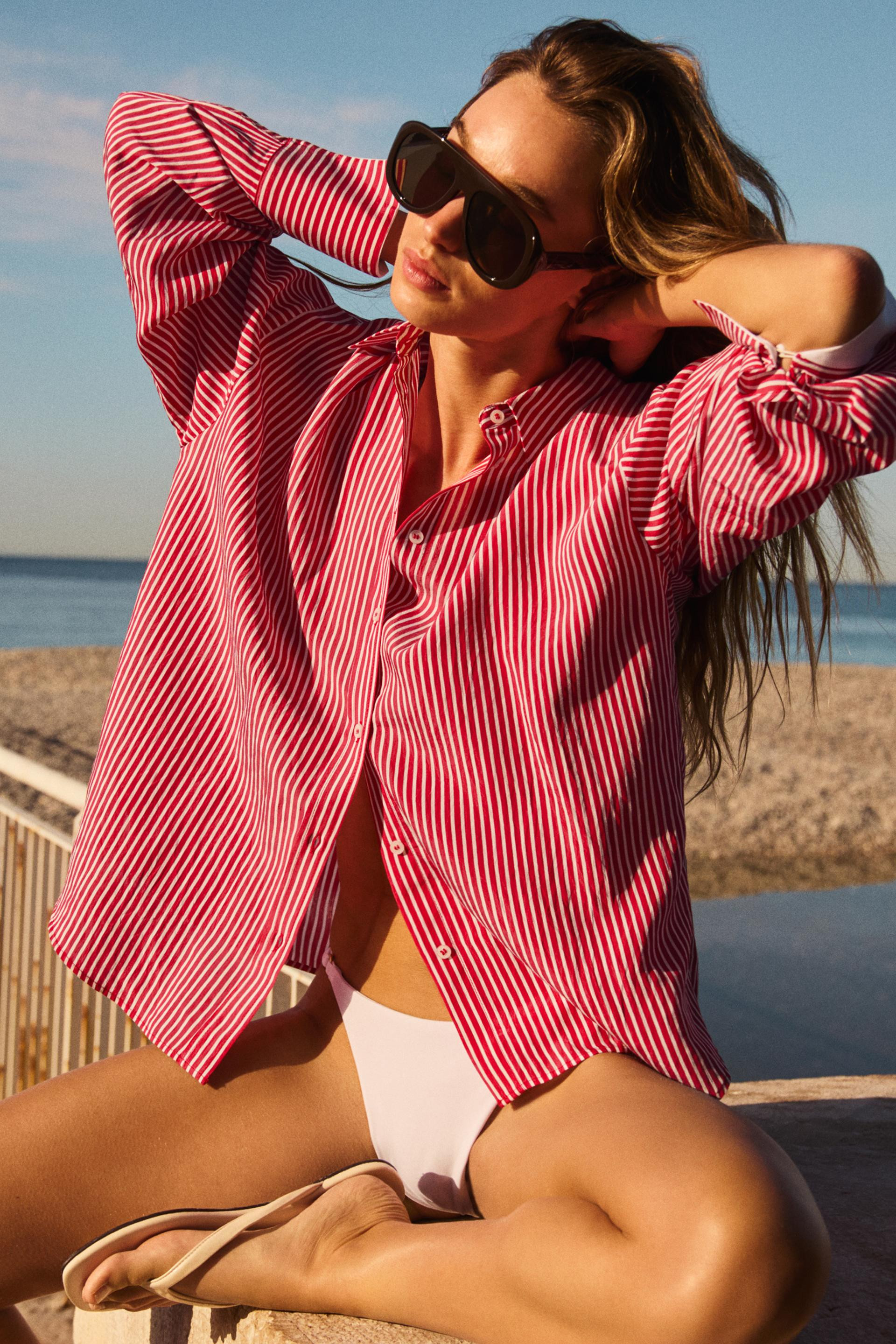 Zara - Contrast Cuff Striped Shirt - Red / White - M - Woman | Zara US