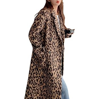 utcoco Womens Leopard Long Wool Trench Coat Notched Lapel Double Breasted Pea Coat Winter Warm Ov... | Amazon (US)