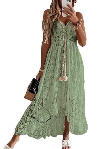 CUPSHE Women's Summer Dresses Sleeveless Lace Casual Tassel Beach Spaghetti Straps Flowy Maxi Sun Dress Green, L | Amazon (US)