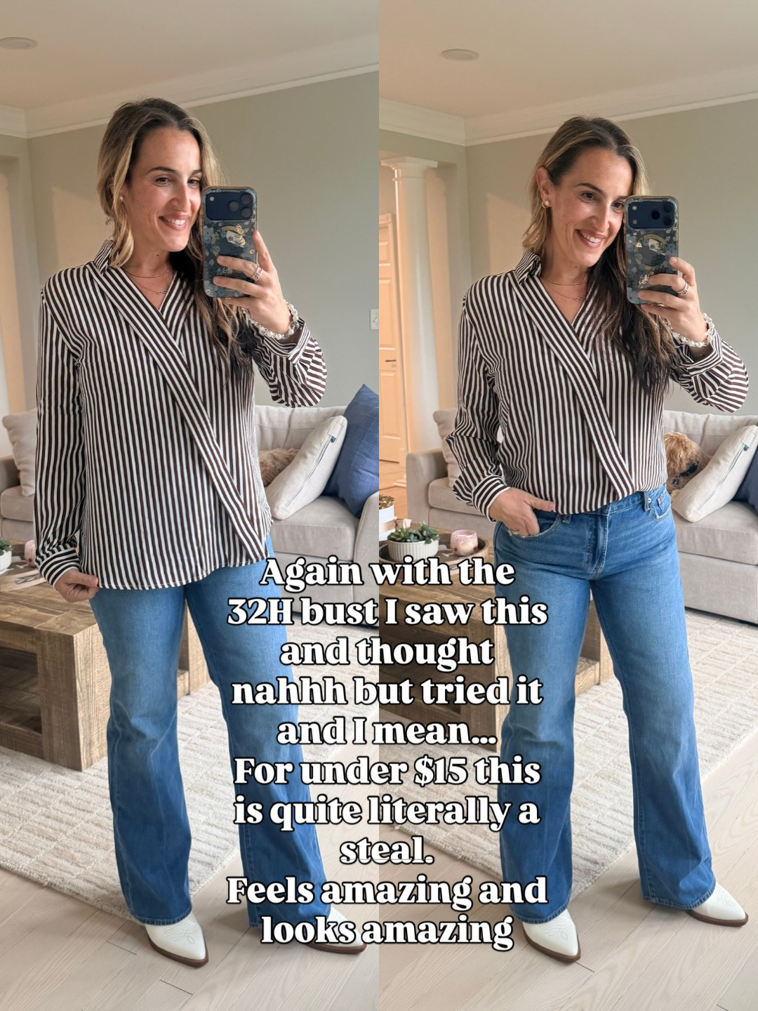 This top could easily be paired with trousers for a classy  outfit, but I also love it with jeans. I love the structured and classic look. You'll be able to wear it for years to come. Great under a blazer too! Medium in all. Jeans are a M/8/28. 
#businesscasual #workwear #teacheroutfit #affordablefashion #classictop 

 #LTKootd #LTKmomlife #LTKWorkwear