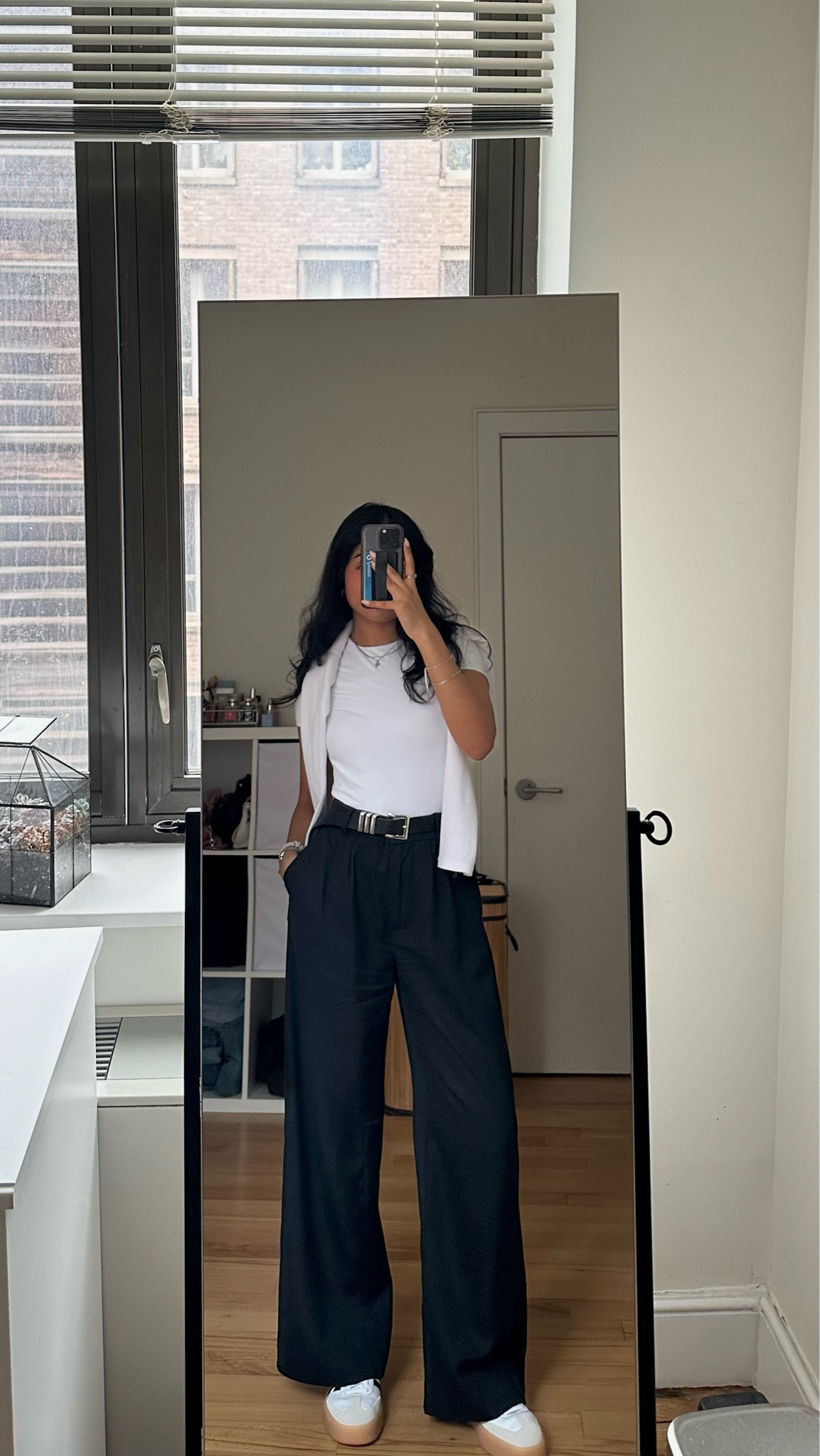 business casual outfit | black trousers, white short sleeve top, white cardigan, adidas samba

#LTKWorkwear