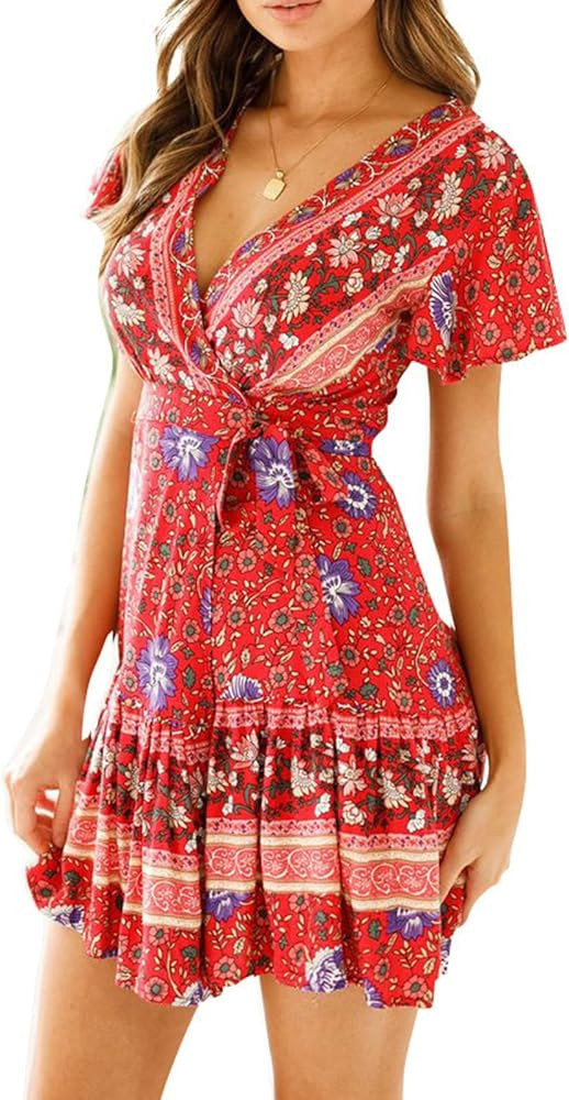 Mmoneyake Women Boho Mini Dress Short Sleeve Casual Dresses Floral Print Ruffle Dress V Neck Wrap... | Amazon (US)