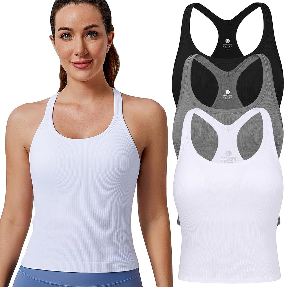 Evercute Women's 1/2/3 Pack Ribbed Workout Tank Tops with Built in Bra Racerback Seamless Crop Ta... | Amazon (US)