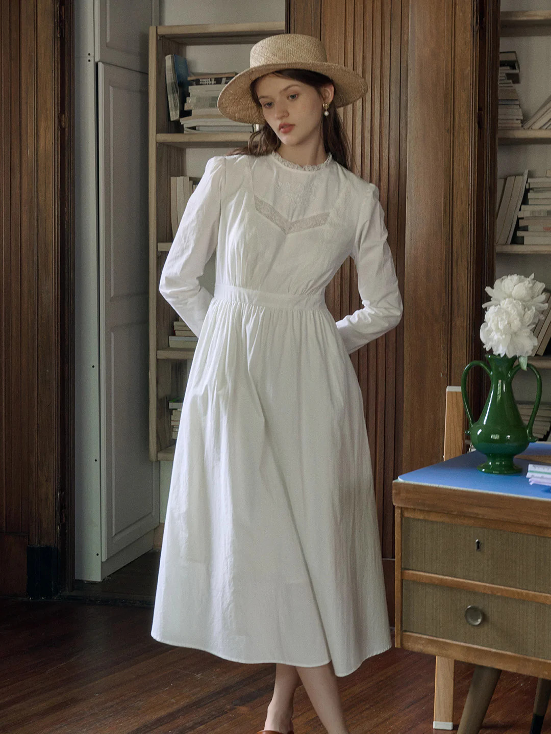 Yara Lace Round Neck Rose Embroidery Hollow Lace Splicing Cotton Dress | SimpleRetro