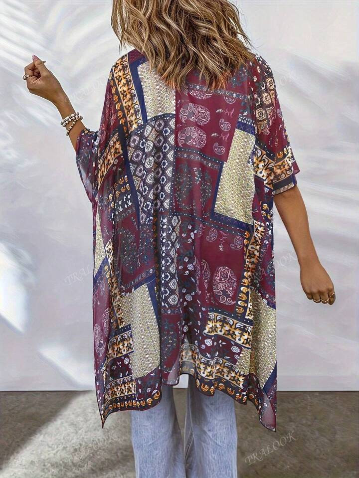 Plus Size Patchwork Print Women's Kimono Beach Vacation Loose Semi-Sheer Side Slits Cover Up Summ... | SHEIN