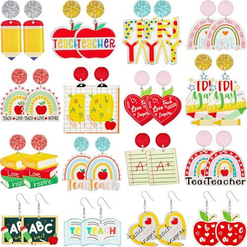 Loetere 16 Pairs Acrylic Teacher Earrings for Women Rainbow Pencil Book Teacher Appreciation Earrings for School Office Teachers' Day Gifts(Teacher) | Amazon (US)
