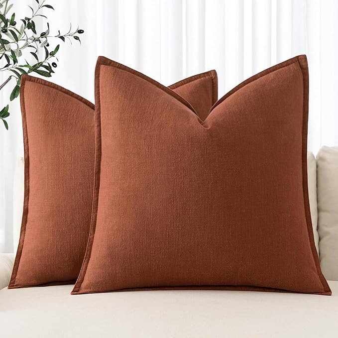 MIULEE Decorative Linen Pillow Covers 18x18 Inch Rust ​Boho Farmhouse​ ​Neutral Couch Throw... | Amazon (US)