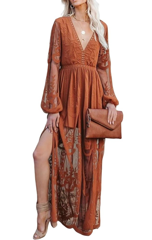 Women's Casual Off Shoulder Lace Maxi Dress Boho White Bridesmaid Wedding Evening Party Dresses | Amazon (US)