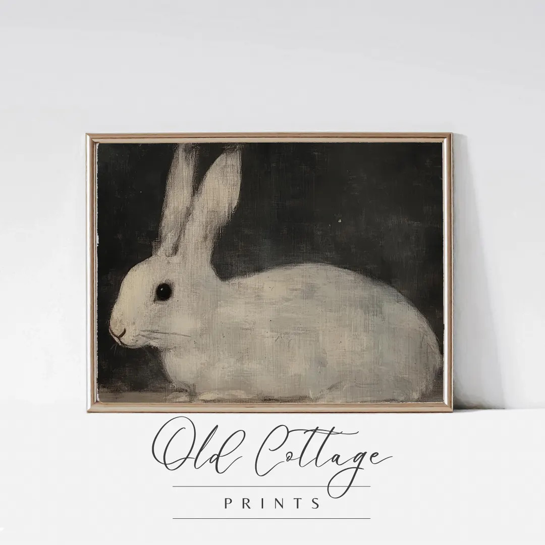 Realistic White Rabbit Print Digital Download Animal Wall Art Cottagecore Decor Dark Background R... | Etsy (US)