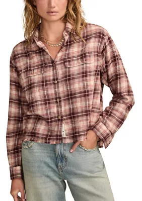 Women's Plaid Printed Frayed Hem Shirt | Belk