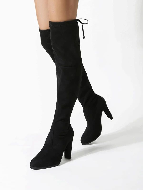 Tie Back Chunky Heeled Over The Knee Boots | SHEIN