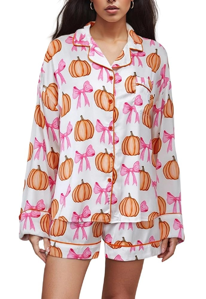 Argeousgor Womens Halloween 2 Piece Pajamas Sets Pumpkin Skull Print Long Sleeve Button Down Shir... | Amazon (US)