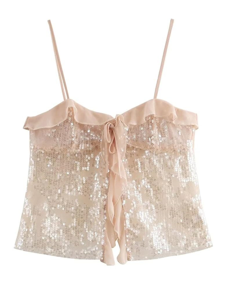 Lunoakvo Women Chic Sequined Pleated Ruffle Tank Top Backless Crop Spaghetti Strap Chiffon Sling ... | Amazon (US)