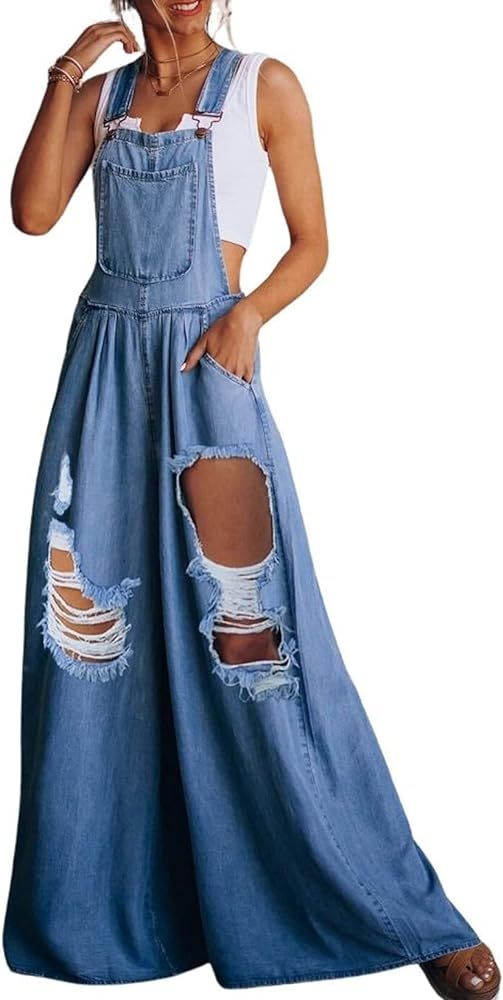 Bengbobar Denim Bib Overalls Pants Pocketed Jeans Jumpsuits Women's Loose Wide Leg Sleeveless Sol... | Amazon (US)