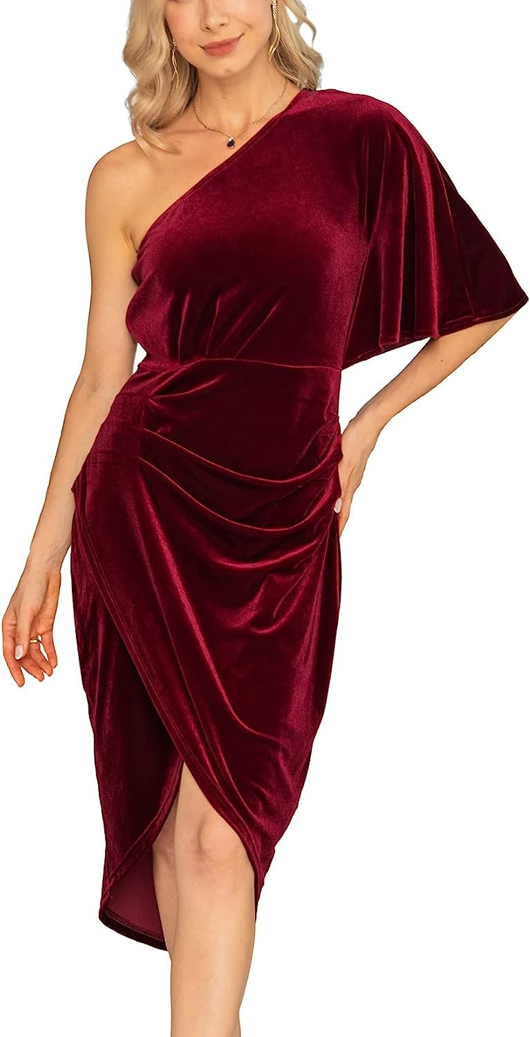 SUBIKI Women's Sexy One Shoulder Cocktail Dresses Ruched Wrap Velvet Asymmetric Party Bodycon Mid... | Amazon (US)