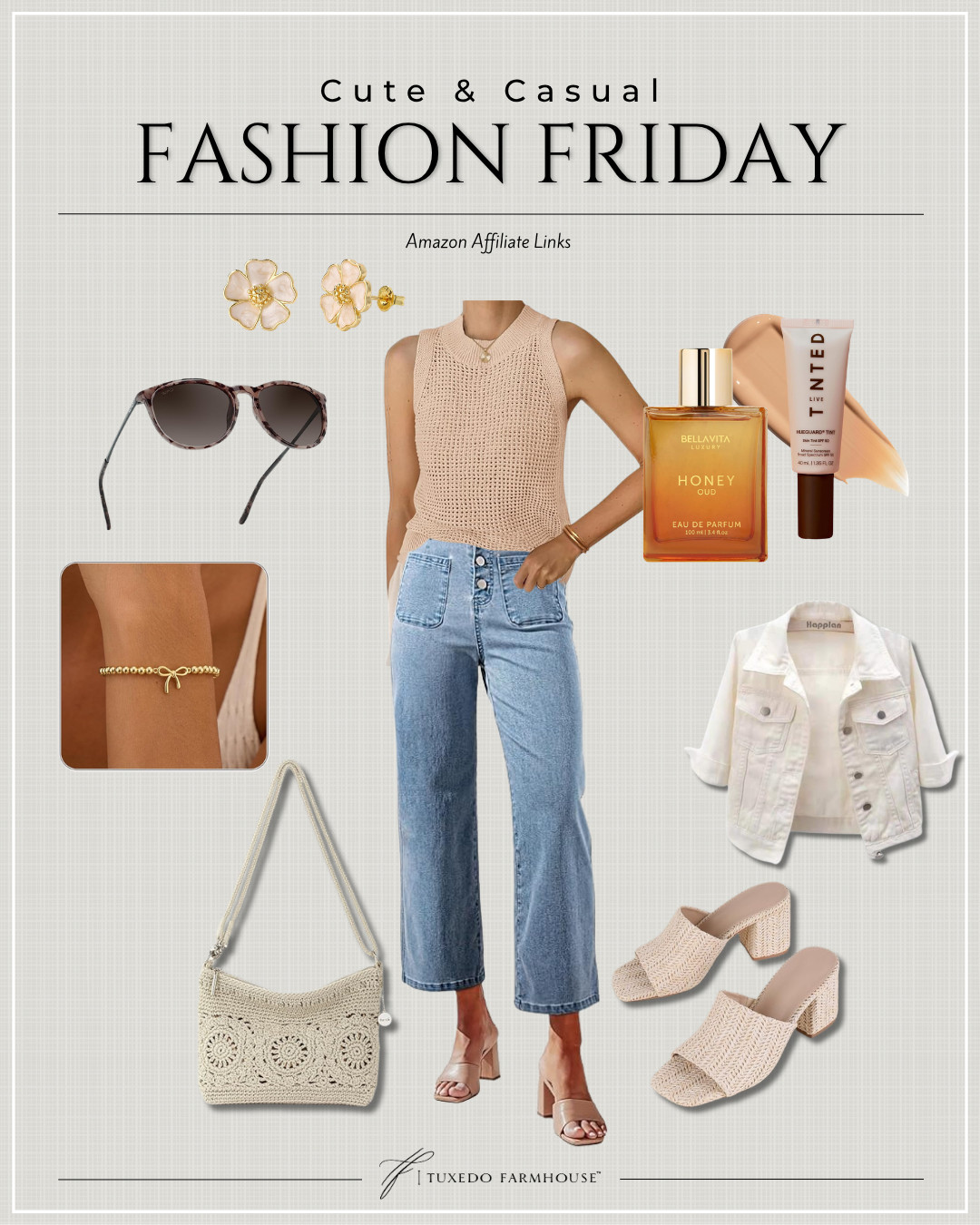 Cute, casual, and effortlessly put together 🤍✨
This neutral-on-neutral look is an easy way to upstyle your casual lightweight pieces. knit tank paired with high-rise straight leg denim = the perfect everyday combo. 

Finishing touches: oversized sunnies, a warm honey fragrance, and a glowy tinted SPF for that natural, sunkissed vibe ☀️
Everything linked for you — easy staples you’ll wear on repeat! 💫 #LTKStyle #LTKFinds #CasualChic 

 #LTKSeasonal #LTKSaleAlert #LTKBeauty