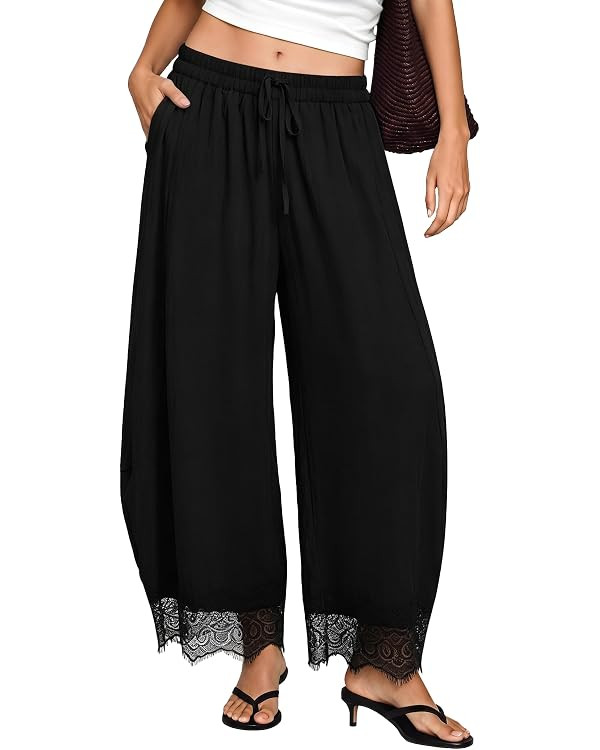 Lace Pants for Women Summer Casual Cropped Drawstring Waist Balloon Pants Lightweight Wide Leg Be... | Amazon (CA)