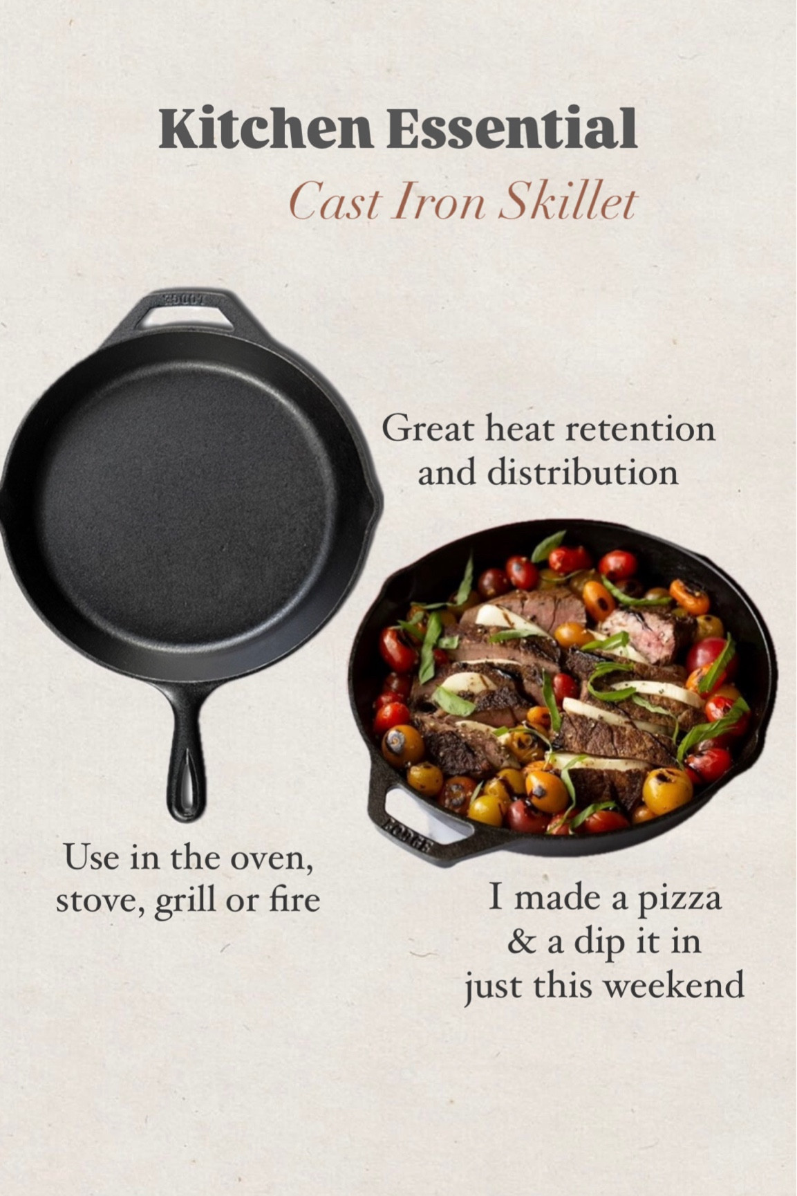 Cast Iron Skillet, a kitchen essential! 

Perfect for in the oven, stove, grill or campfire. 
Can be used to cook, sear, bake and fry.  
Pre seasoned and nonstick. 

If you don’t own one, you should! 

#LTKFindsUnder50 #LTKSaleAlert #LTKFamily