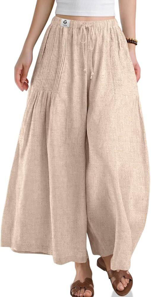 TARSE Womens Linen Wide Leg Cropped Pants Baggy Palazzo Boho Casual Elastic Waist Summer Beach Sk... | Amazon (US)
