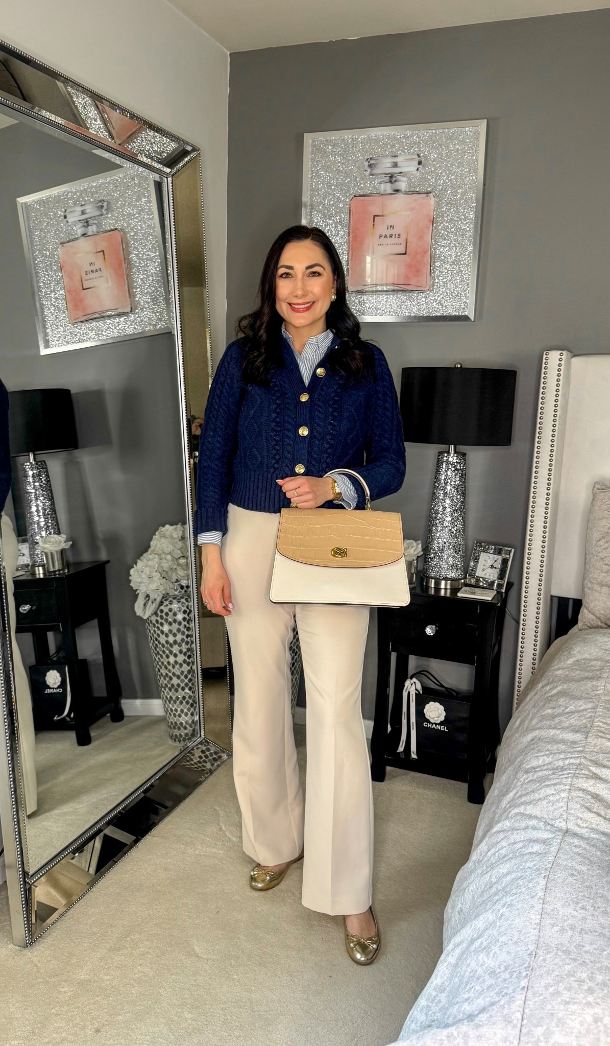Preppy business casual work outfit 💙

Navy cardigan
Striped button up top 
Cream pants 
Gold ballet flats 

Work wear 
Office outfit


#LTKWorkwear #LTKSeasonal