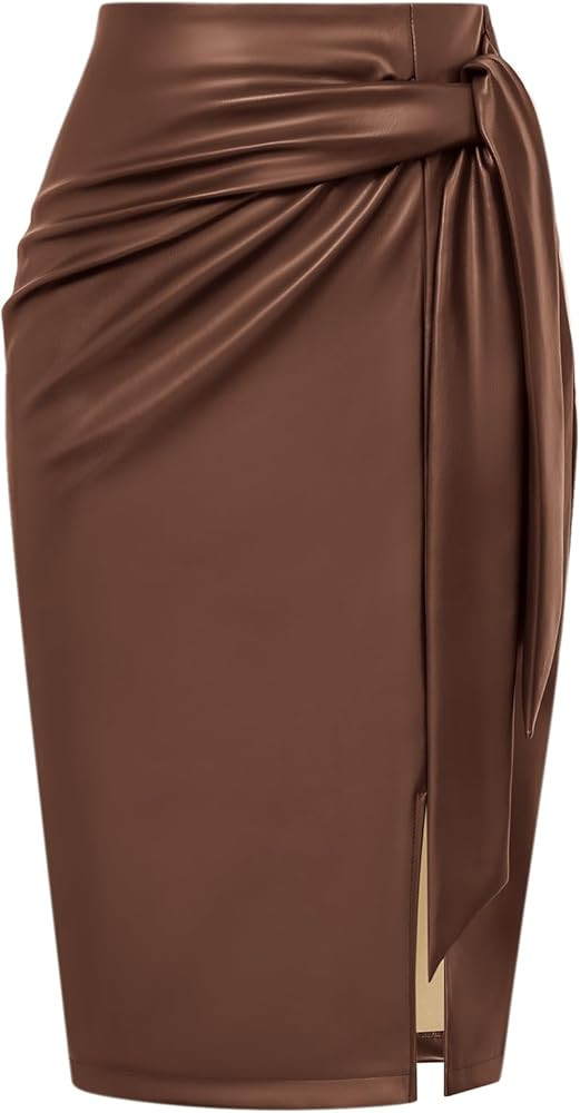 Kate Kasin Faux Leather Skirts for Women Elastic High Waisted Tie Waist Knee Length Stretch Bodyc... | Amazon (US)