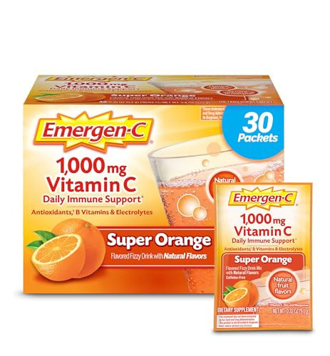 Emergen-C 1000mg Vitamin C Powder for Daily Immune Support Caffeine Free Vitamin C Supplements with Zinc and Manganese, B Vitamins and Electrolytes, Super Orange Flavor - 30 Count | Amazon (US)