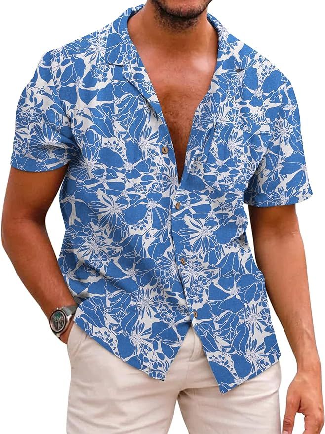 COOFANDY Men's Hawaiian Floral Shirts Cotton Linen Button Down Tropical Holiday Beach Shirts | Amazon (US)