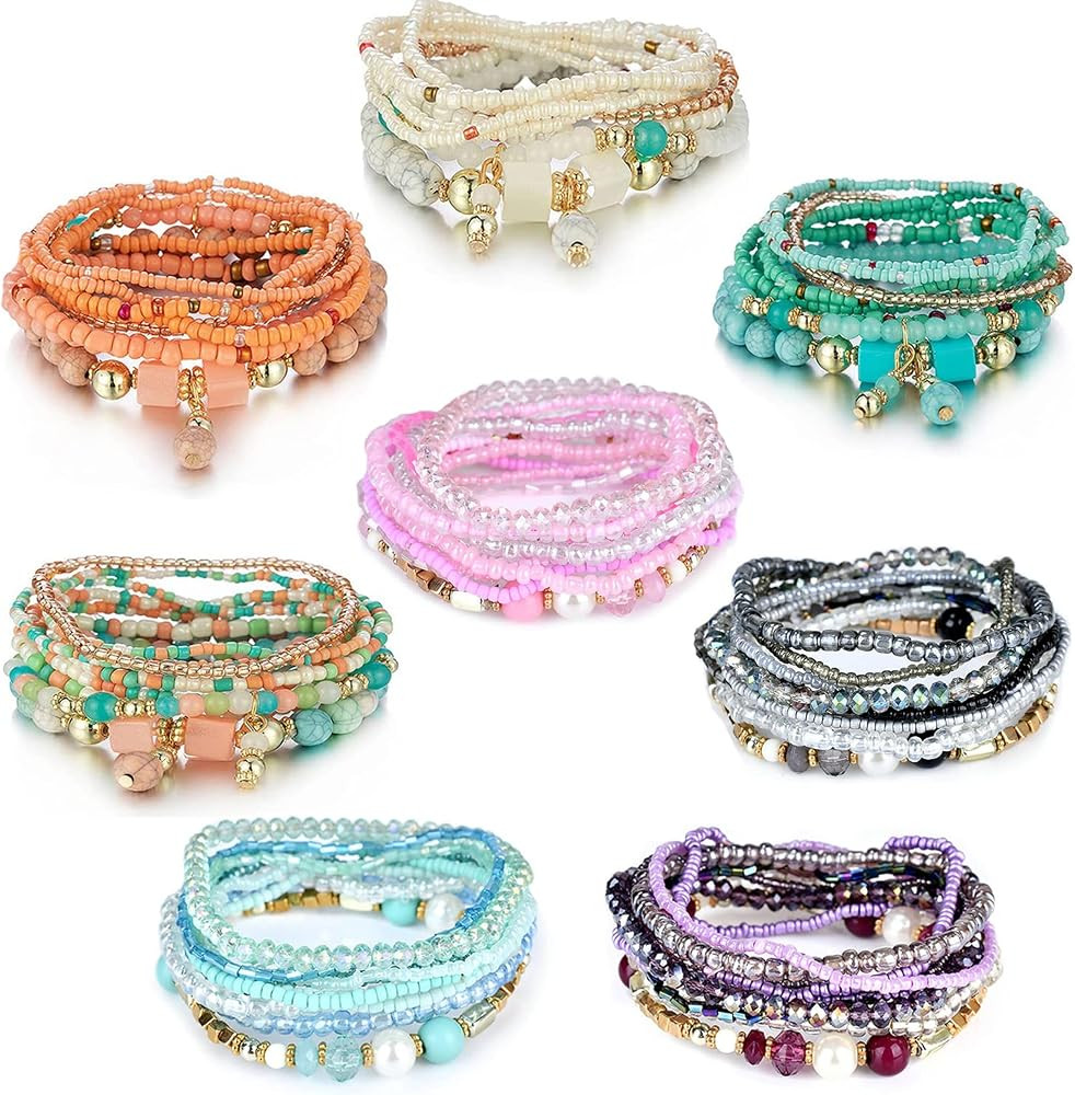 8 Sets Bohemian Stackable Bead Bracelets for Women Bohemian Bracelets Stretch Multi Layered beads... | Amazon (US)