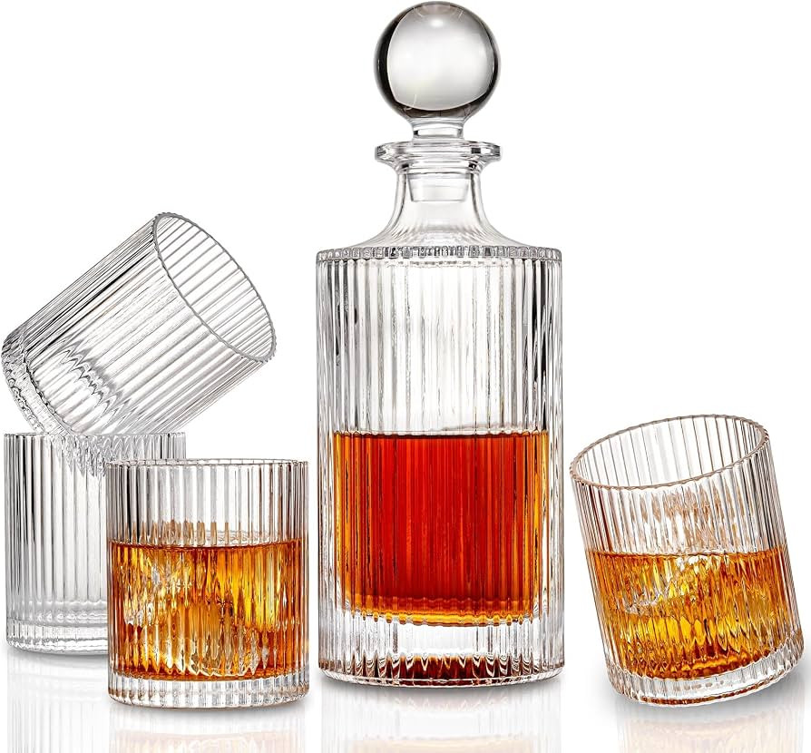5PC Irish Crafted Whiskey Decanter Set, Crystal Decanter Set With 4 Whiskey Glasses, Premiun Whis... | Amazon (US)