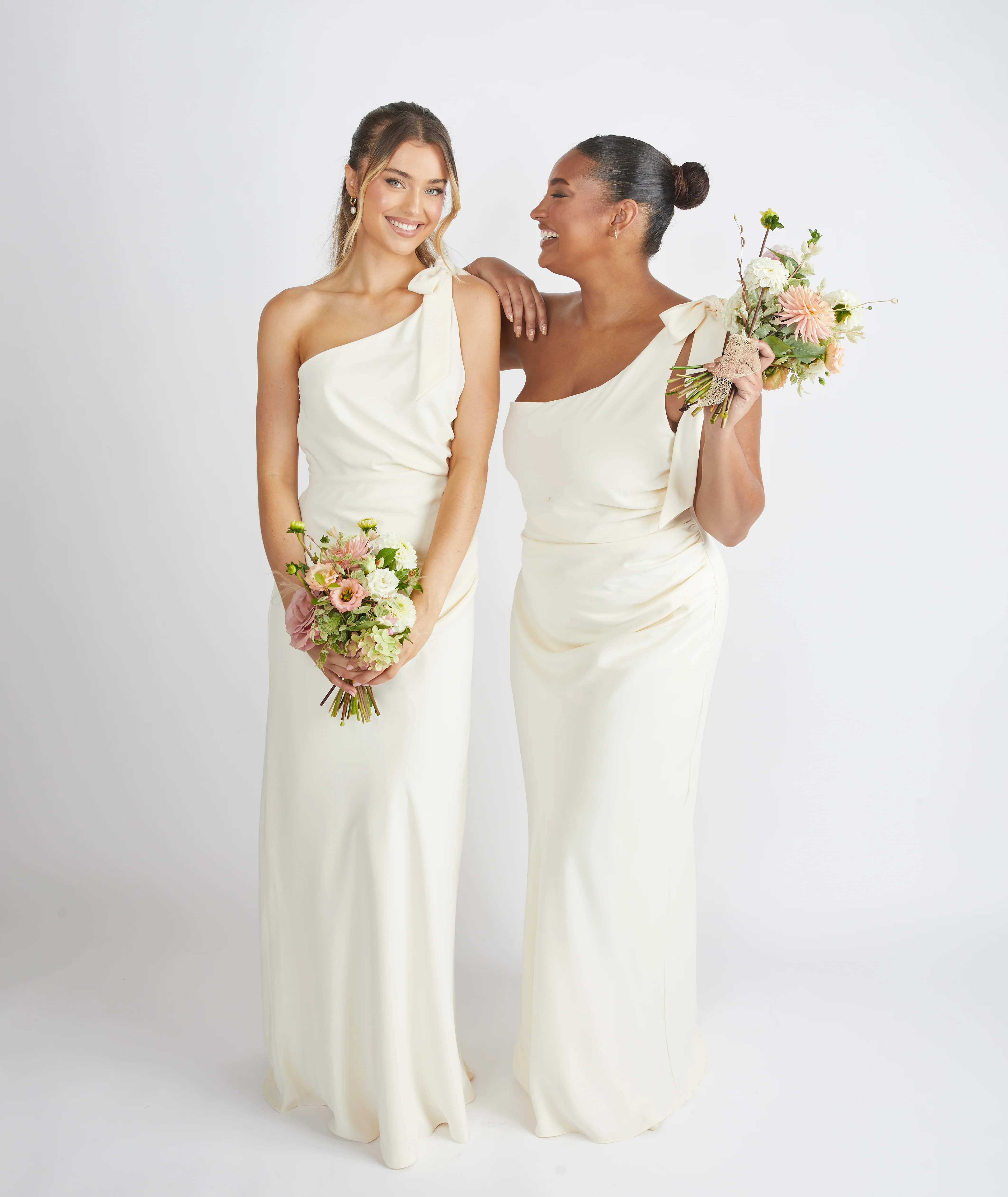 Bow One Shoulder Crepe Bridesmaid Dress - Almond | Six Stories
