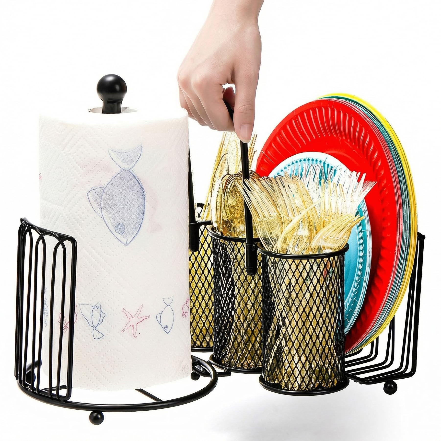 Elsjoy Picnic Utensil Holder Caddy with Handle & Paper Towel Holder, Metal Silverware Organizer P... | Amazon (US)