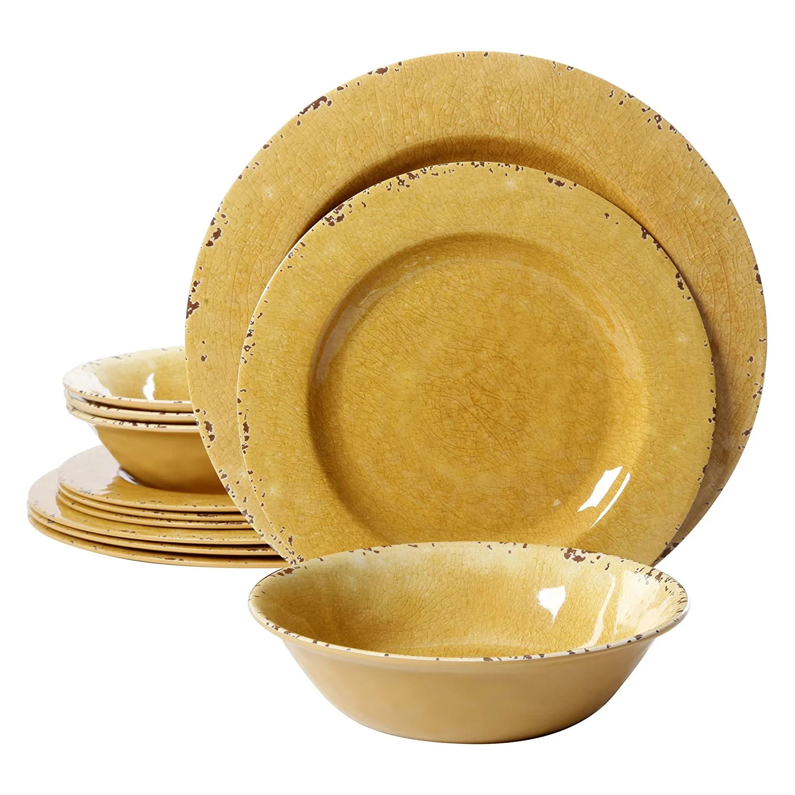 Gibson Studio California Mauna 12 Piece Melamine Dinnerware Set, Golden Yellow | Walmart (US)