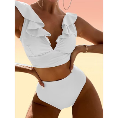 Clearlove Womens High Waist Bikini Sets Back Lace Up Full-Bust Bikini Tops with Swim Bottom Bust Support Bathing Suits with Ruffle Neck, White - L | Target